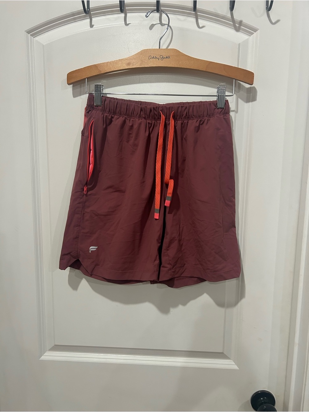 Fabletics Men’s Maroon Athletic Shorts with Orange Drawstring